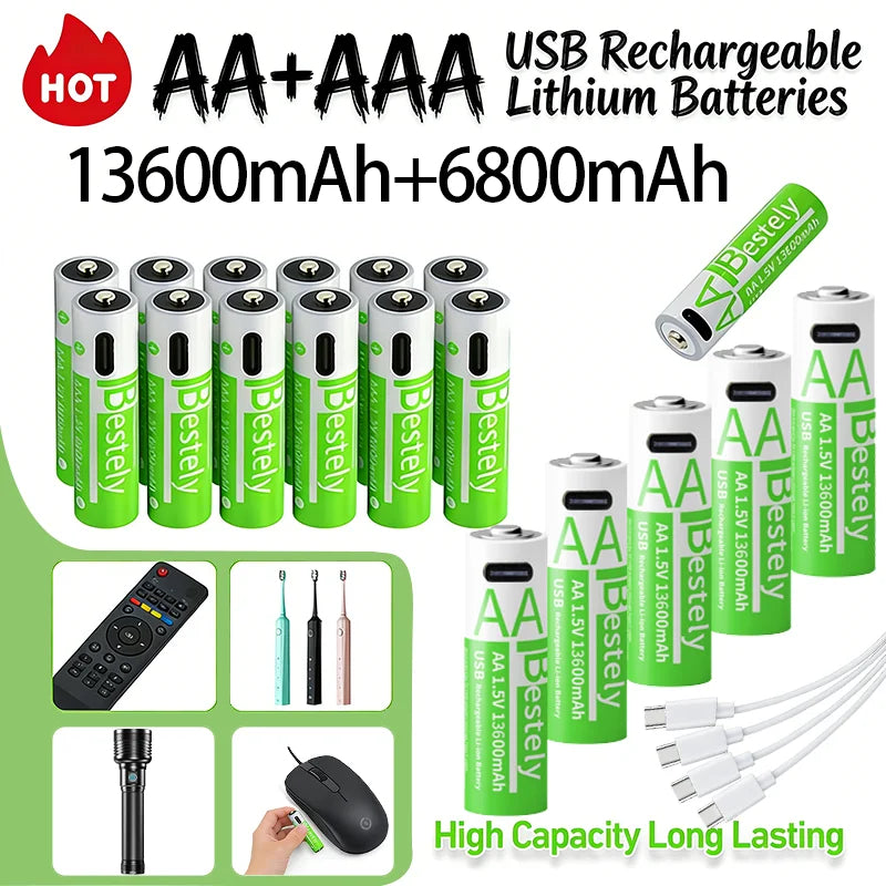 Rscrola 1.5V Li-ion Rechargeable AA Batteries 13600mAh High Capacity Long Lasting AAA Battery For Electric Toy/Light/Household Oasis Select