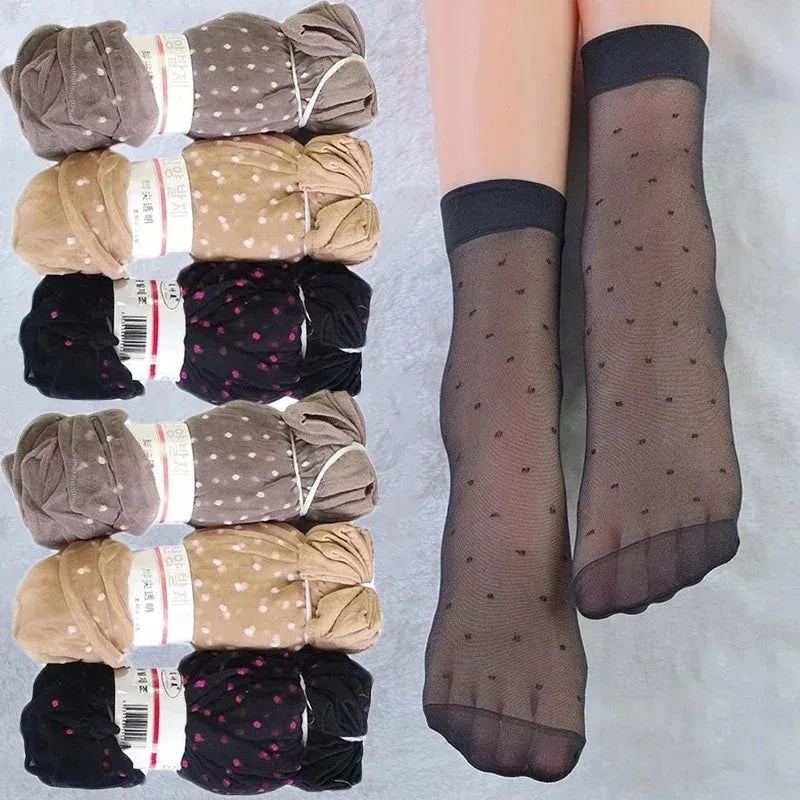 10/30pairs Black Dot Transparent Socks Ultra-thin Elastic Women Crystal Silk Socks Nylon Fashion Ladies Summer Short Ankle Socks Oasis Select