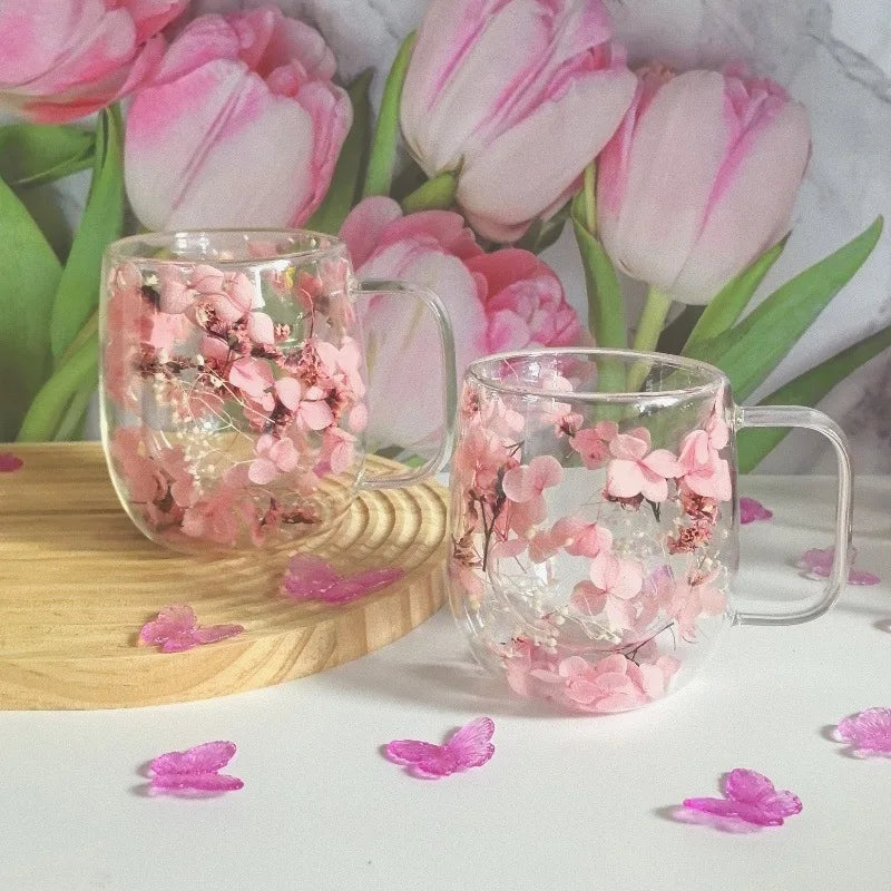 2pcs Double-Layer Insulated Glass Cup with An Internal Floral Pattern Design, Suitable for Coffee, Tea, and Cocktails Drinkware Oasis Select