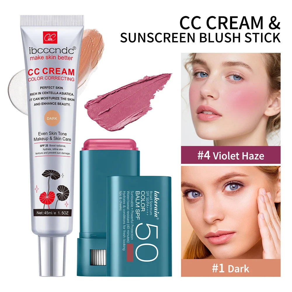 2pcs/set Color Correcting CC Cream & Suncreen Blush Stick Long-Lasting Waterproof Natural Finish Face Makeup Korean Cosmetic Oasis Select SET 4