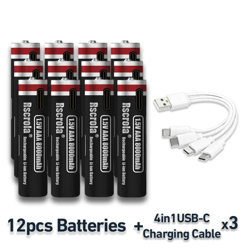 2026 New 1.5V AAA Rechargeable Li-Ion Battery 8000mAh Type-C Fast Charging for Smart Home, Toys, Shavers, Mouse, Flashlights Oasis Select 12 PCS AAA Batteries 1.5V