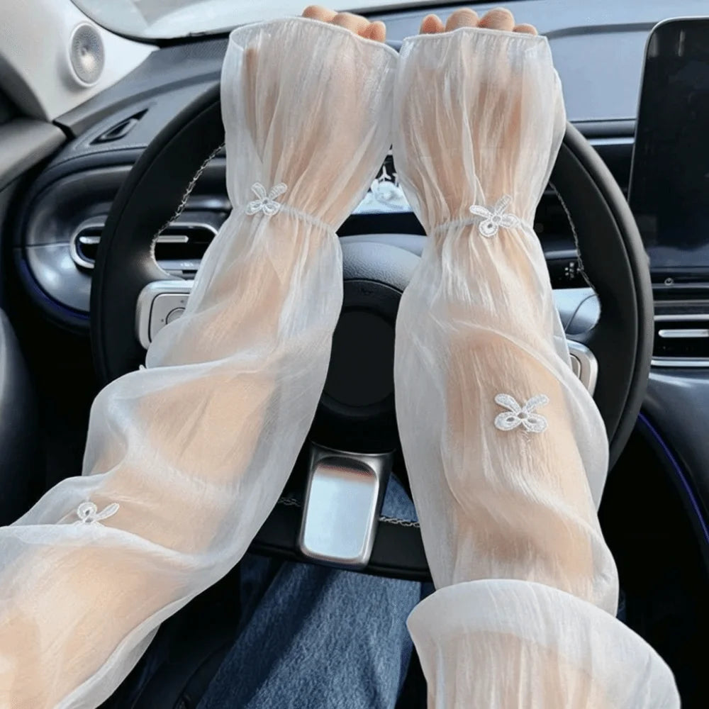 1 Pair Wide Fairy Style Arm Cover UV Resistant Breathable Ice Sleeves Cooling Bow Ice Silk Sunscreen Sleeves Sun Protection Oasis Select Beige