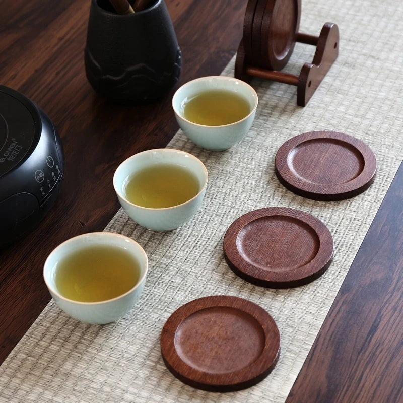 6Pcs Bamboo Coasters With Holder, Heat Resistant Non-Slip Round Insulated Mats For Hot Coffee Mugs Tea Cups Bowls Table Decor Oasis Select