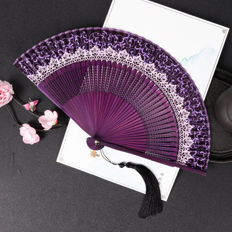 Chinese Style Folding Folding Fan Change Color With Tassel Dance Fan Silk Cloth Bamboo Summer Oasis Select Purple