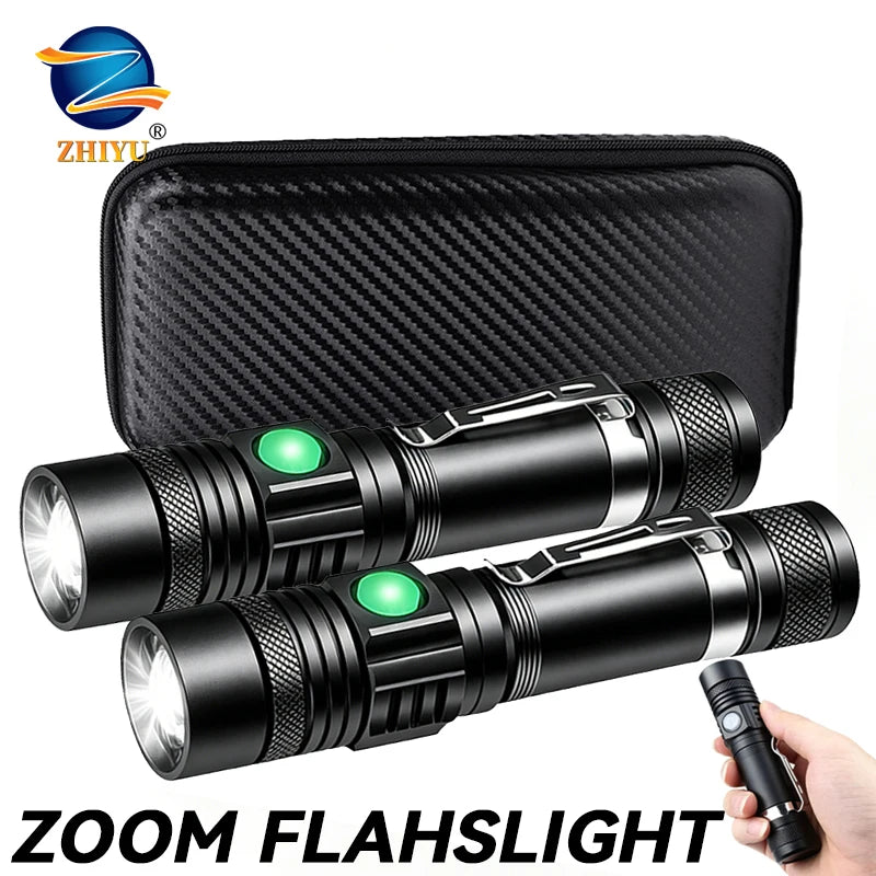 T6 LED Zoomable Rechargeable Flashlight | Headlamp & Pen Clip