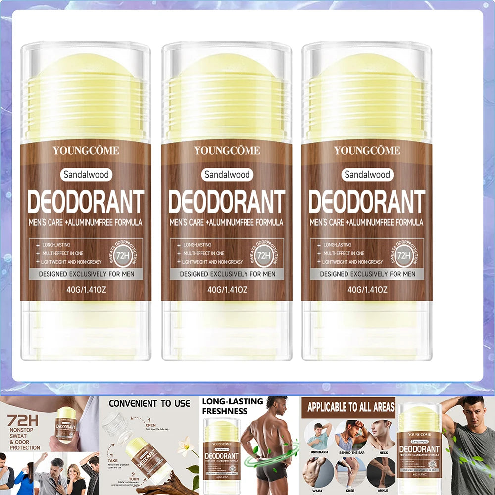 Men Sandalwood Deodorant Stick Anti Sweating Keep Drying Lasting Fragrance Remove Armpit Odor Underarm Refresh Sticks 40g 1/3set Oasis Select 40g 3pcs