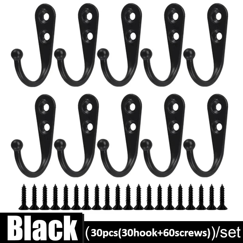 30pcs/set Heavy Duty Metal Wall Hooks with Screws, Garage Garden Storage Hanger for Tools Coats, Wall Mounted Alloy Hook,Gancho Oasis Select 30 set black
