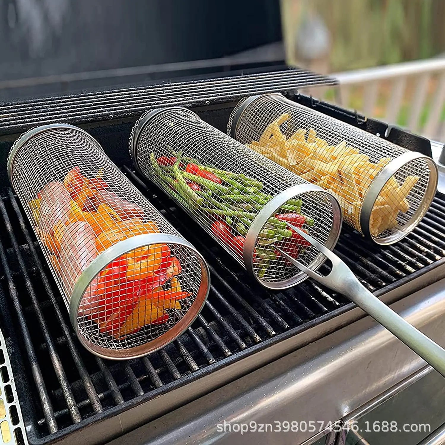 Round Barbecue Cage, Outdoor BBQ Smoking Cage, Portable Barbecue Stove, Rotating and Rolling Stainless Steel Cage Oasis Select