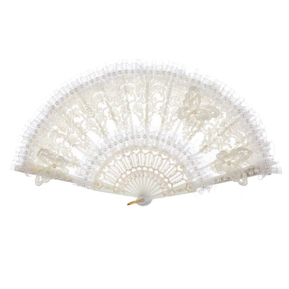 Fashion Wedding White Lace Folding Fan Plastic Wedding Cosplay Party Home Decorative Fan Ancient Bride Hand Fan Decoration Oasis Select