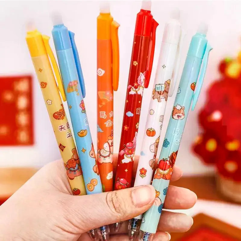 3Pcs Cute Cartoon New Year's Pony Erasable Pen Press Magic Brush Gel Pen Student Stationery Supplies New Year Stationery Gifts Oasis Select