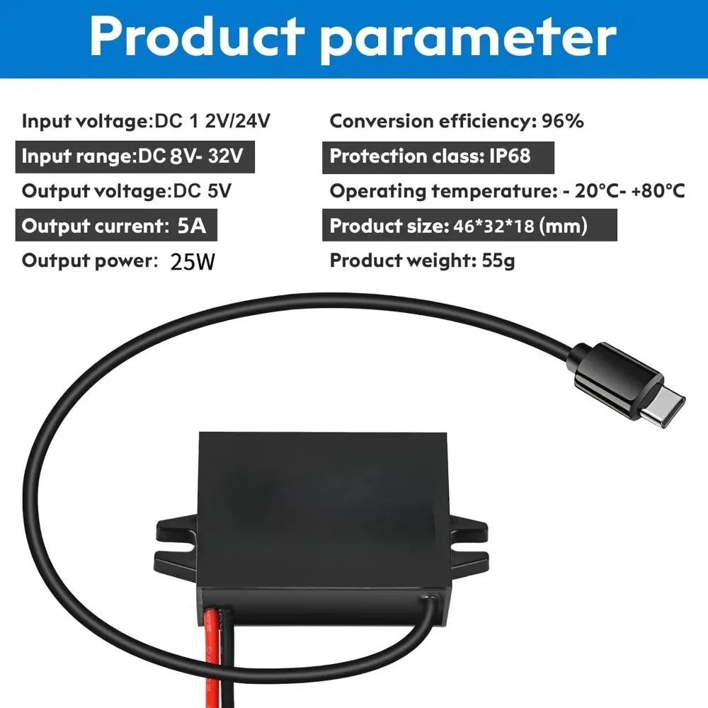 Waterproof DC/DC 24V/12V To 5V 5A 25W USB Type-C Right Angle Step Down Converter Output Buck Module Power Adapter For Dash Cams Oasis Select