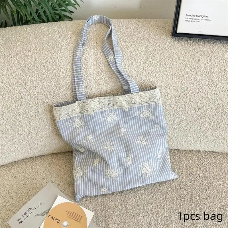 Lace Trim Polyester Tote Shoulder Bag | Foldable Travel Handbag