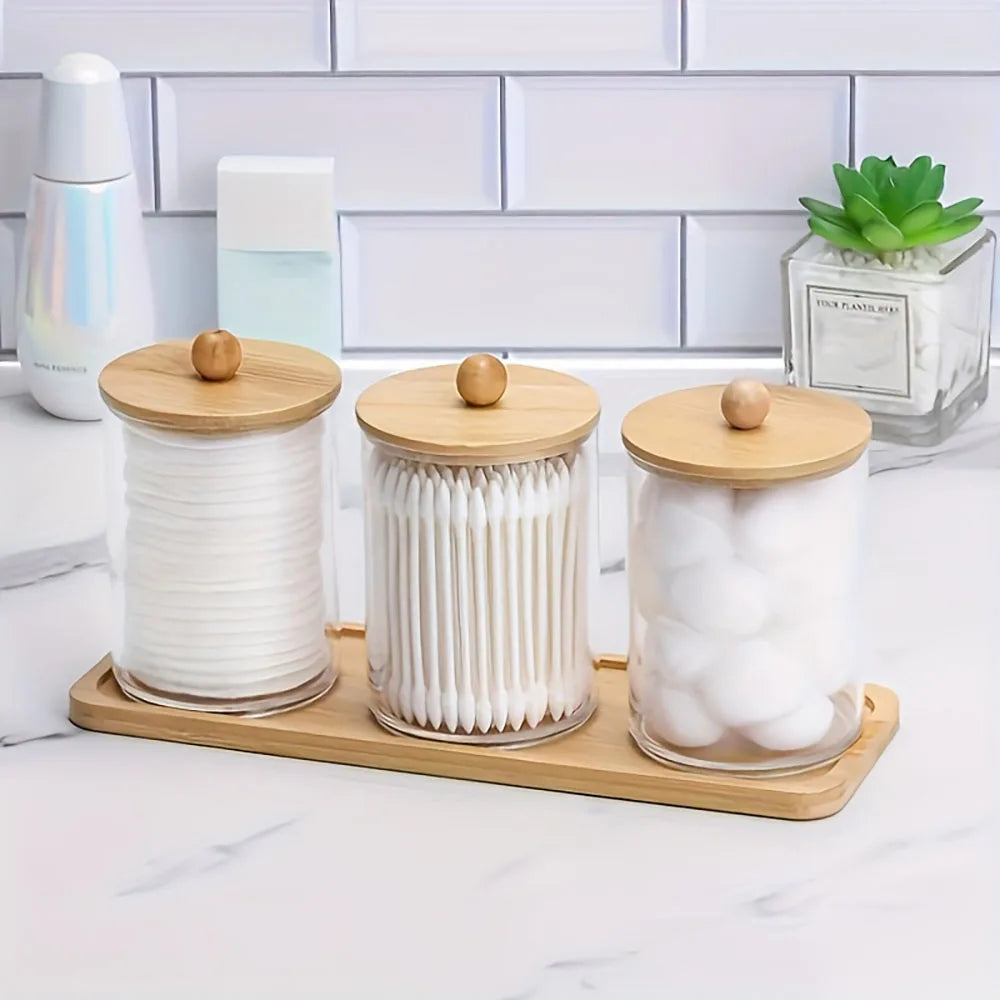 4 pcs/set ,3 swabs/balls/pads holder with 1 dresser bamboo tray, apothecary jar with bamboo lid, clear bathroom container Oasis Select
