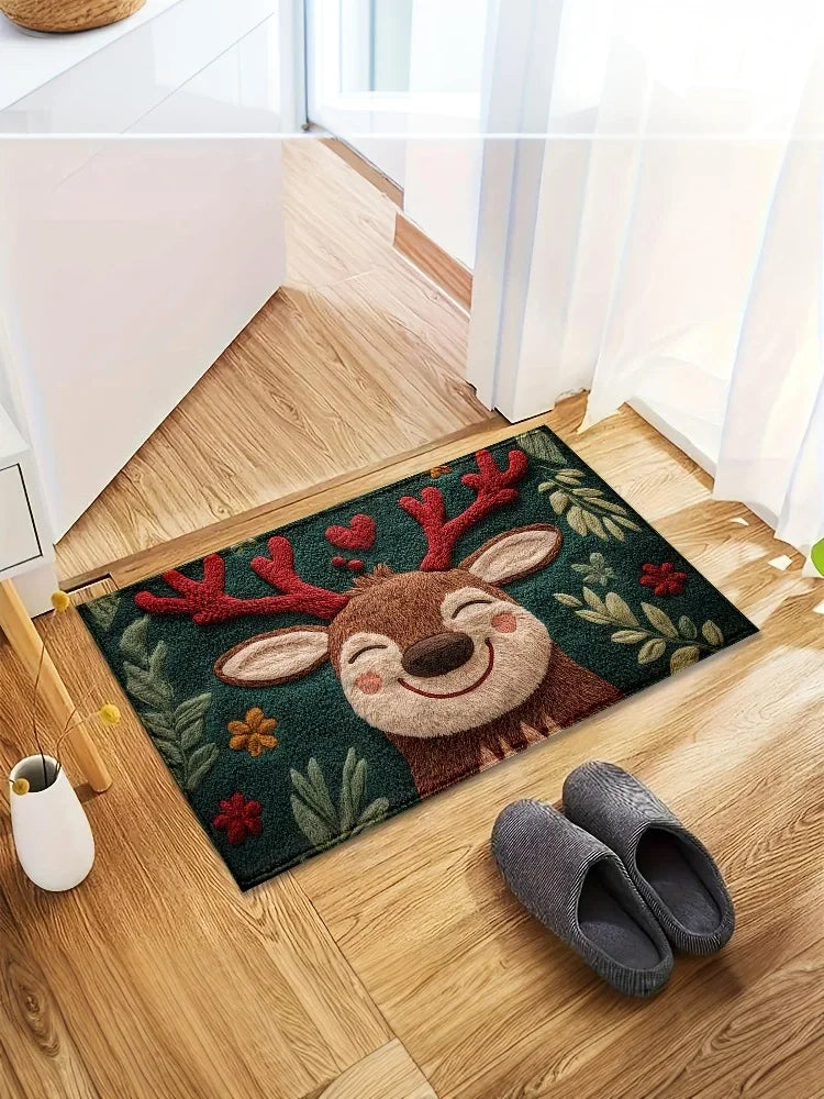 1pc Fluffy Christmas Deer Microfiber Bath Mat - Quick-Dry & Absorbent, Festive Holiday Design With Red Berries & Green Leaves Oasis Select