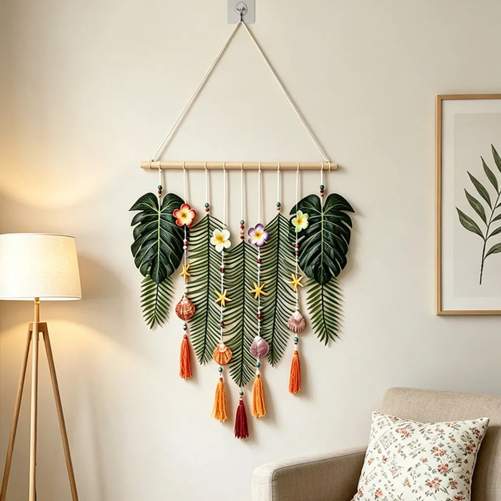 Boho Forest Leaf Wall Tapestry | Handwoven Cotton Wall Hanging
