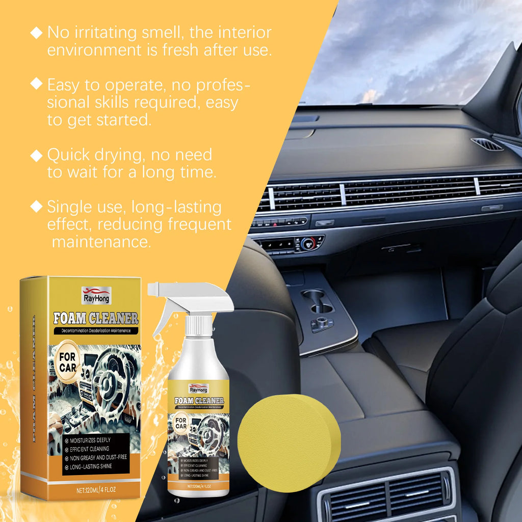 Car Foam Cleaner Spray 120ml with Sponge Stain & Odor Remover for Auto Interior/Exterior, Non-greasy Dust-Free Maintenance Spray Oasis Select