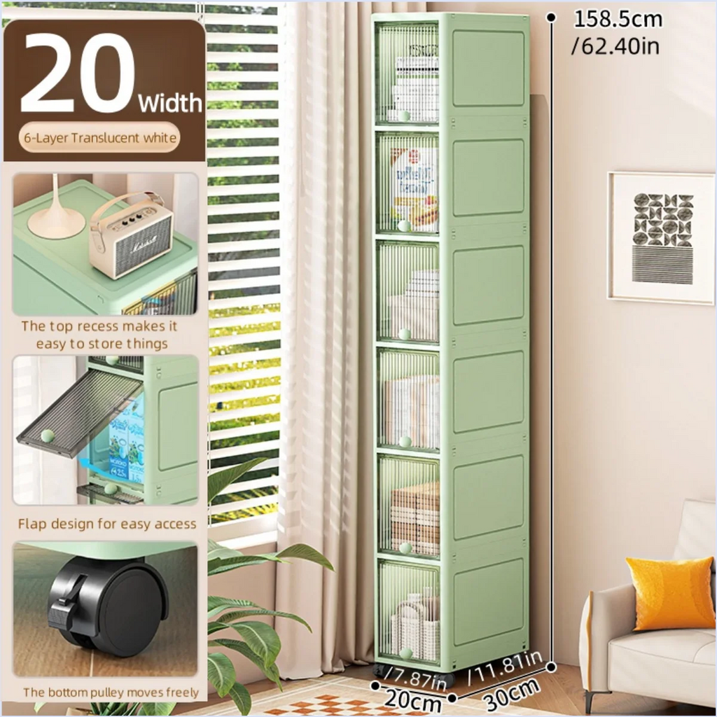 Slim Seam Cabinet Space-Saving Bookcase with Door Stackable Multi-Layer Rack Portable Movable Living Room Display Shelf Oasis Select White-6 layer