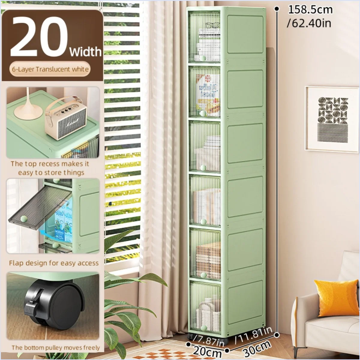 Slim Seam Cabinet Space-Saving Bookcase with Door Stackable Multi-Layer Rack Portable Movable Living Room Display Shelf Oasis Select White-6 layer
