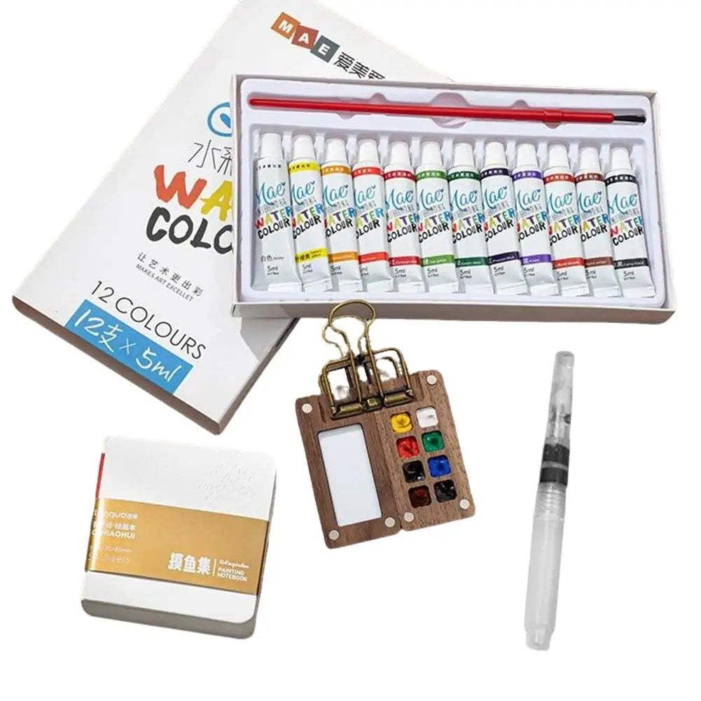 Travel Watercolor Palette Set – Wooden Paintbox & Sketchbook