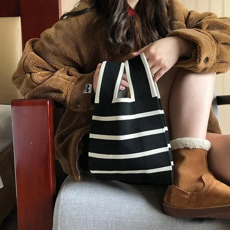 Women Handmade Knitted Small Handbag Casual Wrist Bag Wide Stripe Stripe Shopper Mini Tote Student Reusable Shoulder Bag Oasis Select
