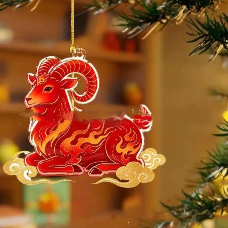 Acrylic Chinese Zodiac Goat Ornament – Red & Gold Lunar Decor