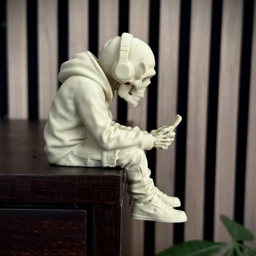Cool Trendy Hoodie Skeleton Using Phone Ornament Figurine Skull Using Phone Edgy Desk Ornament Decor for Urban Minimalist Spaces Oasis Select
