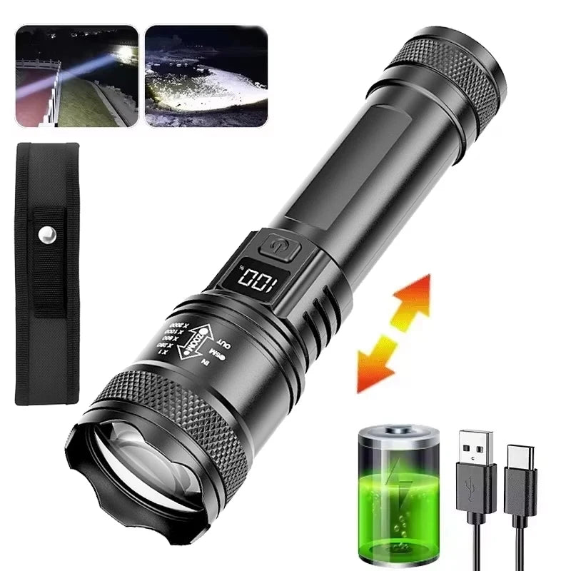 High-power Led Flashlight USB Rechargeable Torch with Display Zoomable Light with Battery Camping Hiking Lantern Emergency Lamp Oasis Select 1PCS with bag