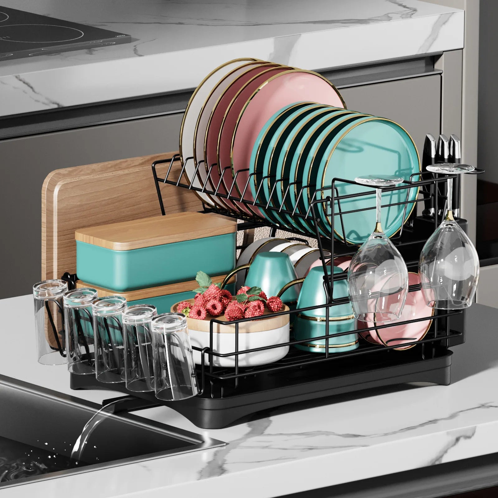 Dish drain rack Double-layer multifunctional bowl and chopstick storage rack Household kitchen water cup rack Oasis Select