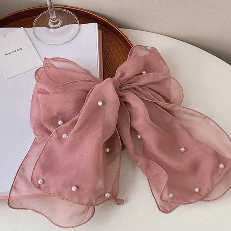 Fashion Ribbon Pearl Bow Hair Clips For Women Elegant Chiffon Bowknot Ponytail Clip Pin Bows Barrette Sweet Headwear Accessories Oasis Select