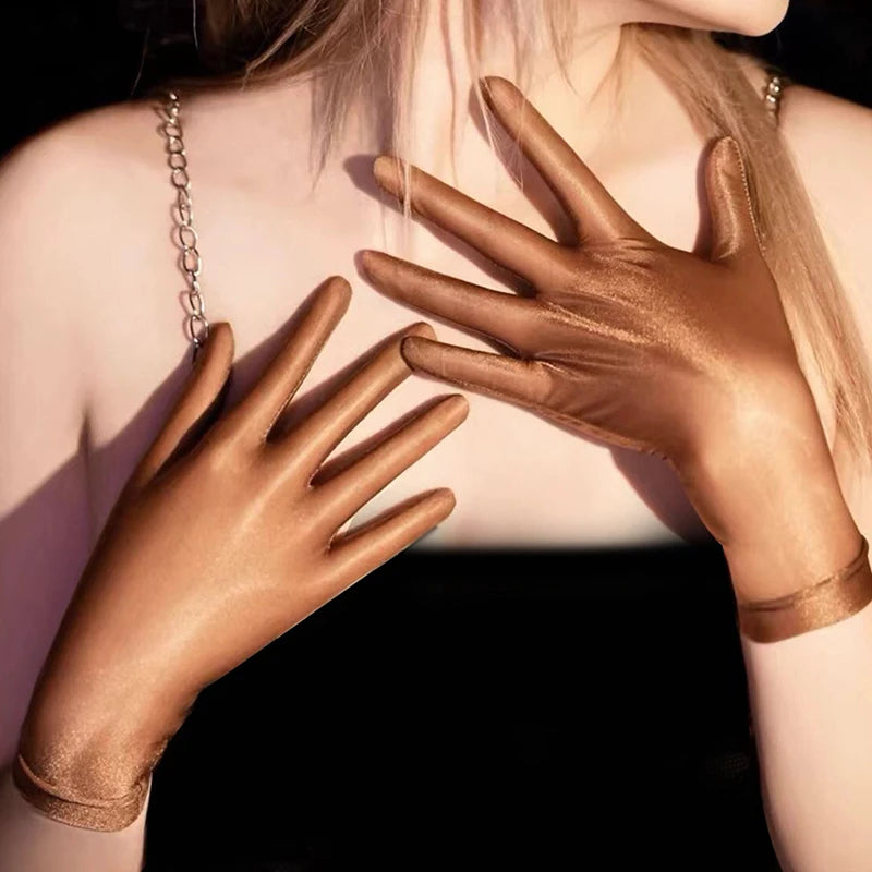 Women Oil Glossy Tight Stocking Gloves Sexy High Elastic Transparent Ultra-Thin Clubwear Short Wrist Gloves Oasis Select coffee round edge