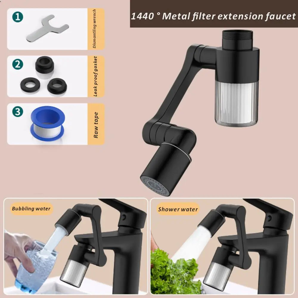 New Black 1440° Rotatable with Filter 2 Modes Metal Bathroom Faucet Splash Proof Aerator Kitchen Nozzle Water Saving Extender Oasis Select