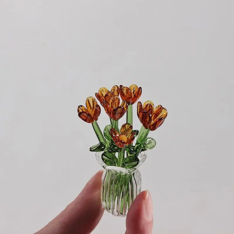 6/7Pcs Mini Lifelike Glass Flowers Simulation Flowers Handcrafted Floral Sculpture Floral Bouquet With Vase Home Decoration Gift Oasis Select A9