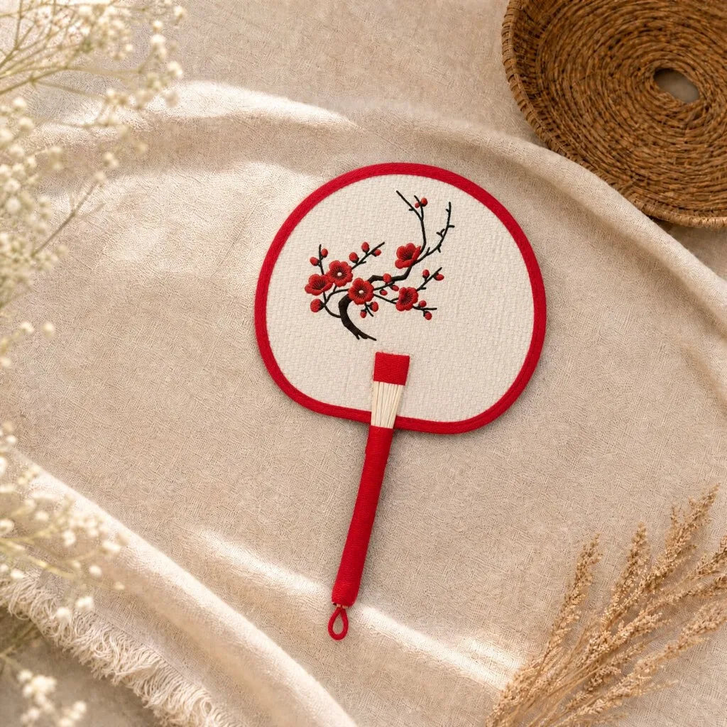 Handmade Embroidered Handheld Palm Fan Chinese Style Portable Wheat Straw Fan for Summer Cooling Fans Home Decor Ornaments Oasis Select Red 1