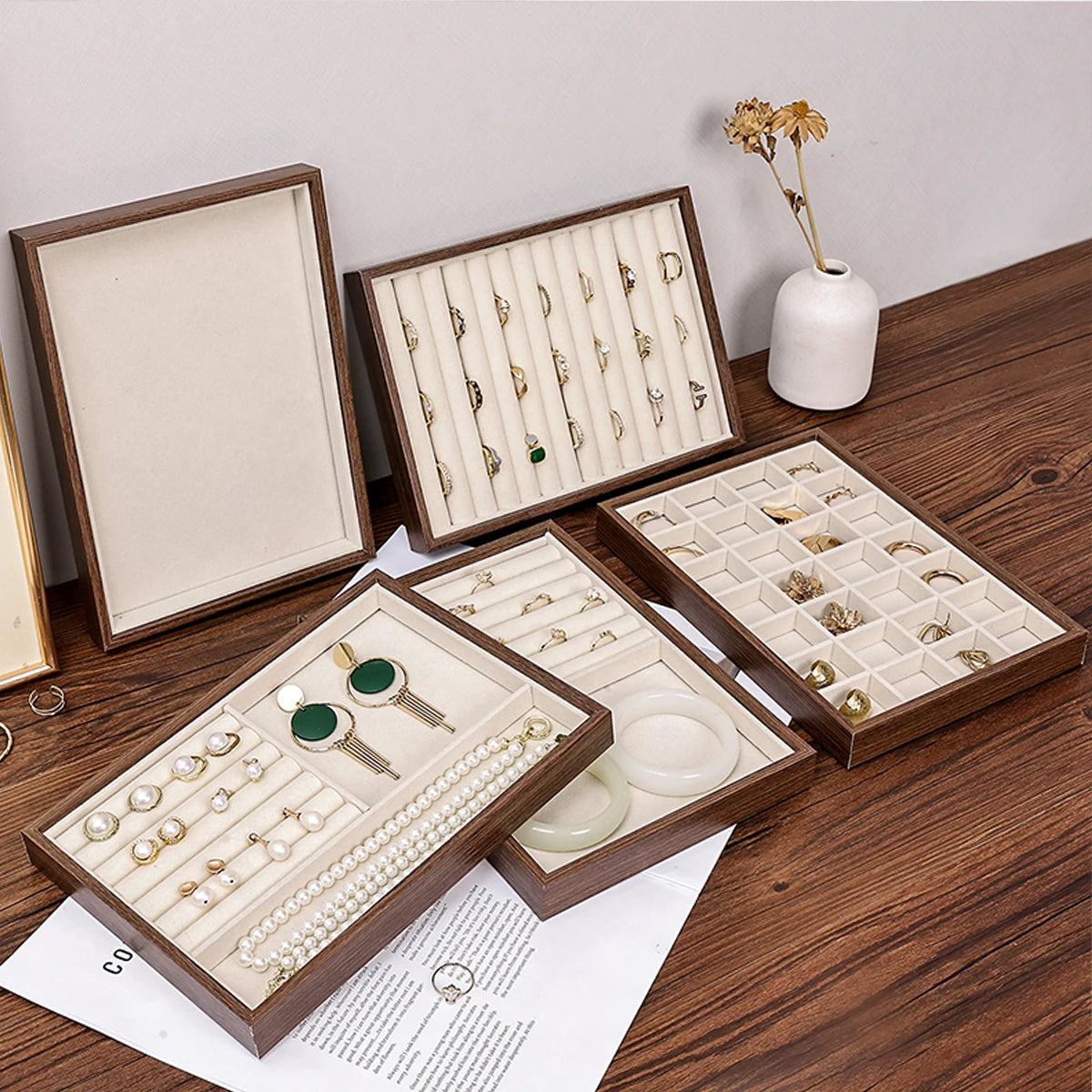 1pc Walnut Wood Grain Jewelry Box, Storage Tray for Rings, Necklaces, Earrings, Store Counter Display Tray Oasis Select