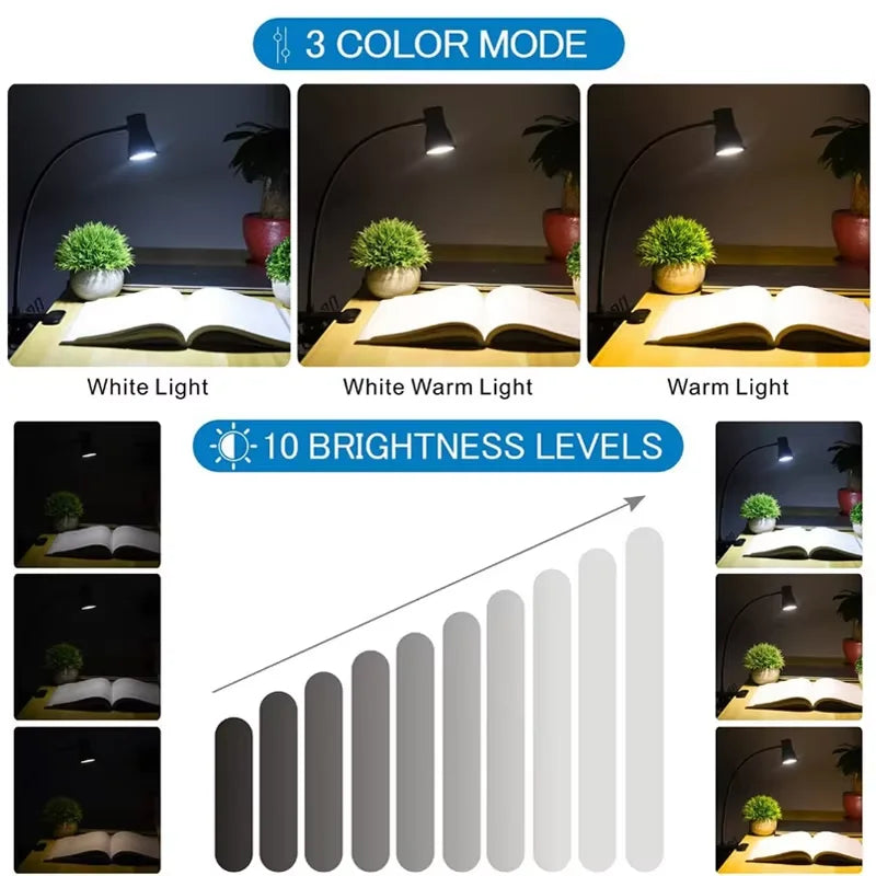 3 Colors Dimmable Desk Lamp Night Light Bedroom Bedside USB Table Lamp LED Clip Lamp Eye-protection LED Book Light Oasis Select