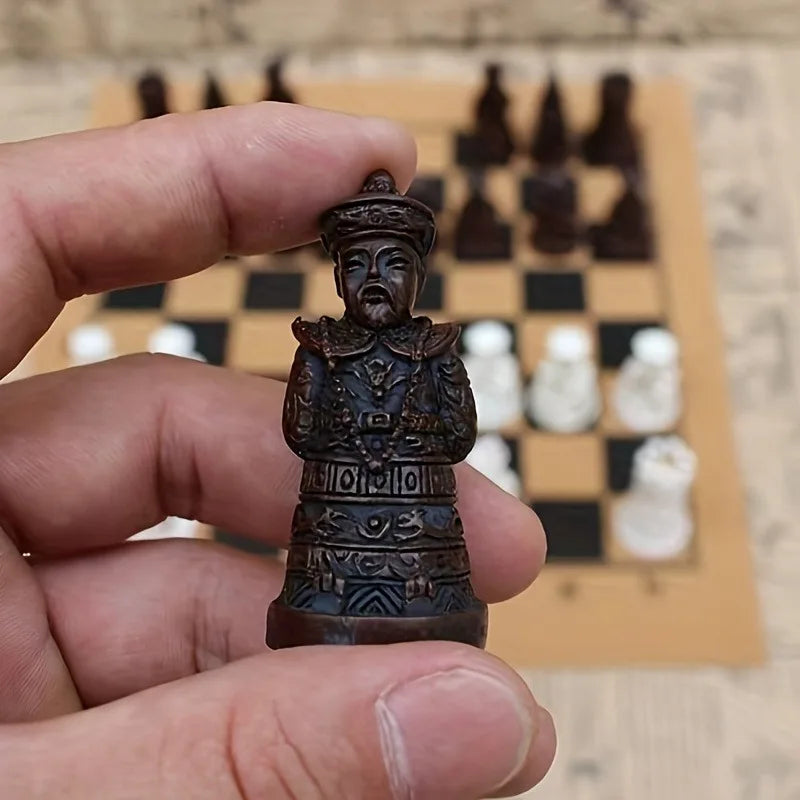Vintage Chess Set PU Leather Board 3D Carved Resin Pieces Creative Soldier Statue Classic Strategy Game Ideal for Birthday Gifts Oasis Select