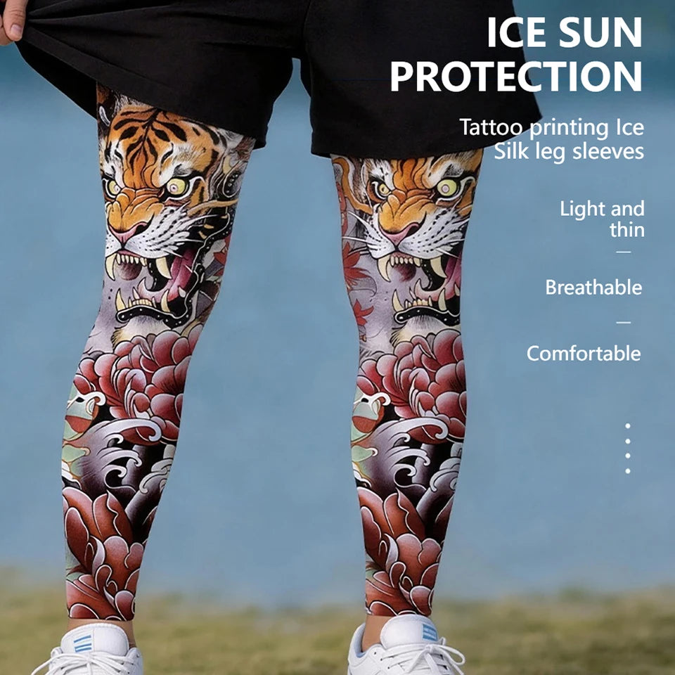 Kokossi 1Pair Tattoo Printing Cyclying Leg Sleeves Ice Silk Non-slip