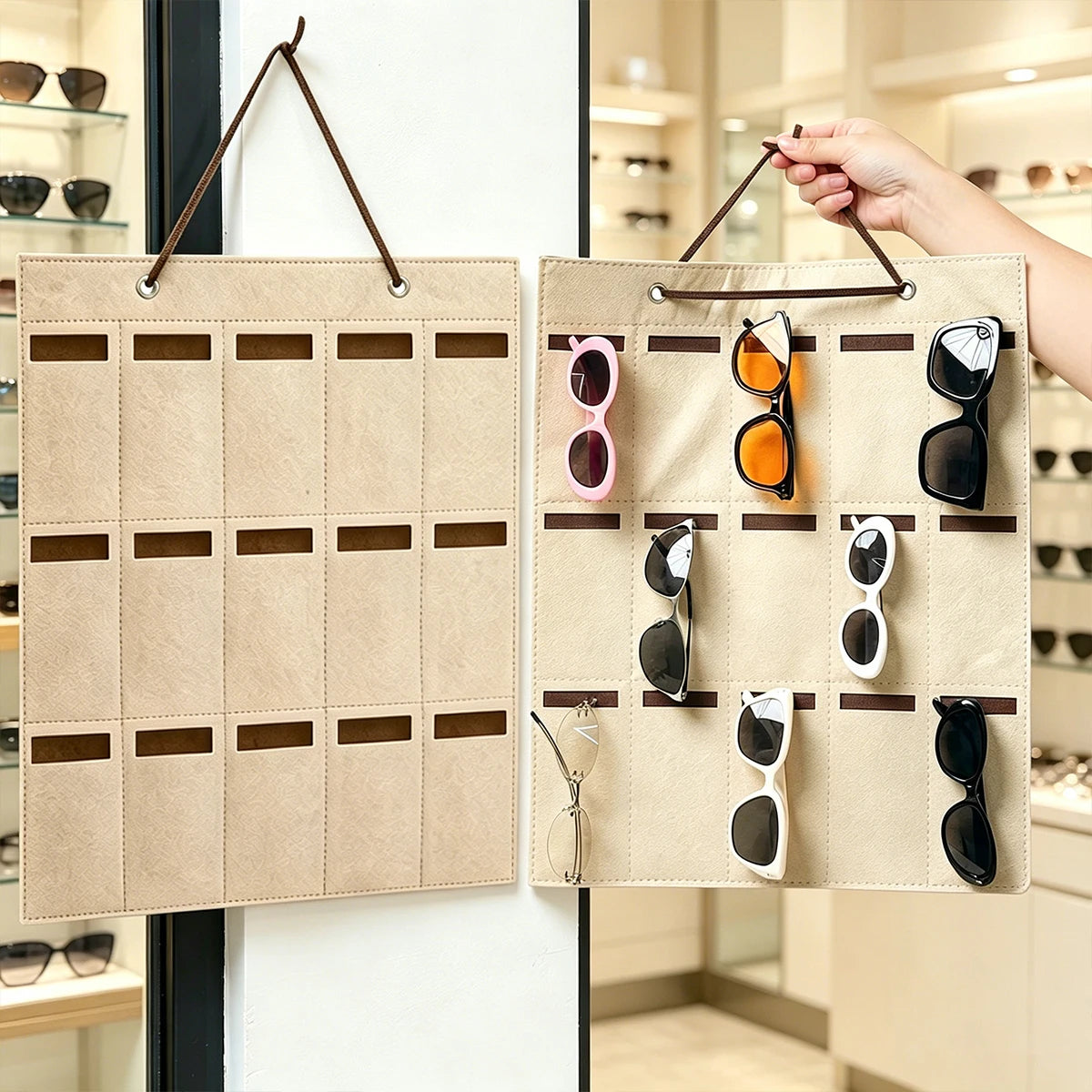 1pc wall mounted khaki 15grid sunglasses vertical storage hanging bag foldable portable glasses organizing hanging display rack Oasis Select