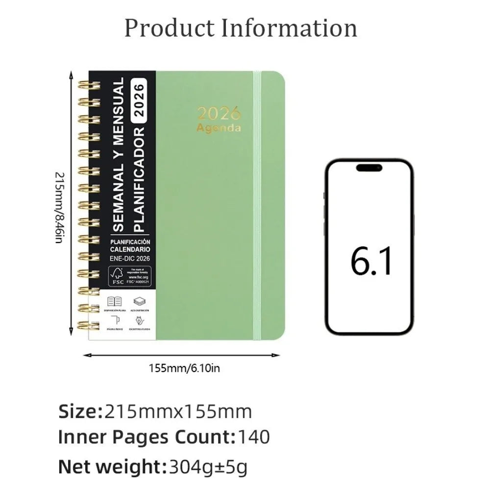 Spanish Planner A5 Notebook 2026 Self-Tracking Diary Planning Book Coil Calendar Essential Daily Organizer Multi Functional Oasis Select