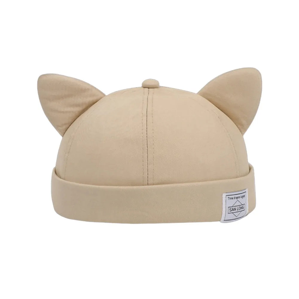 Casual Cotton Cat Ears Landlord Hat Solid Color Brimless Beanie Hat Adjustable Hip Hop Melon Skin Hat Spring Summer Oasis Select Khaki