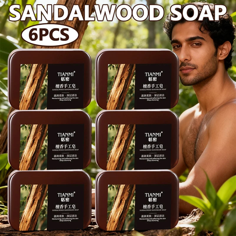 6PCS Men's Sandalwood Handmade Soap, three-in-one, Cleansing Soap cleanses face, hair, bathes the whole body, moisturizes Oasis Select Brown 420g
