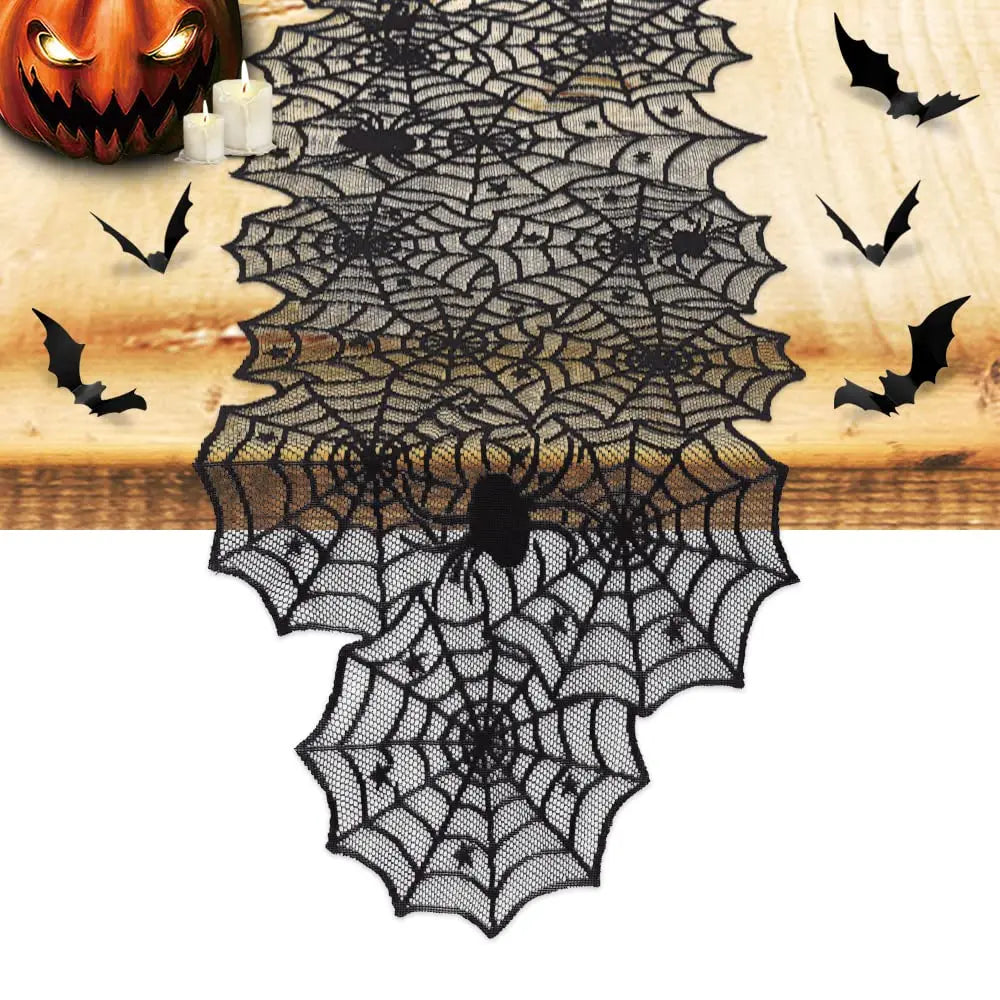 1pc Halloween Decoration Table Runner,Spider Web Black Lace Table Runner for Kitchen Dinner Table,Halloween Decoration Indoor Oasis Select