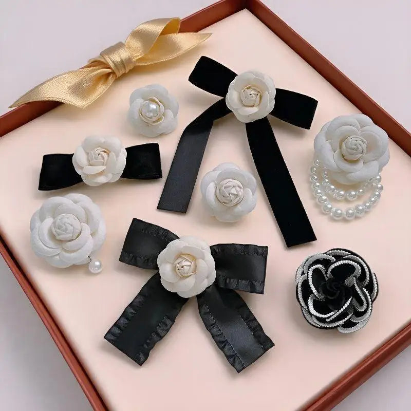 New Fabric Camellia Flower Brooch Velvet Bow Tie Ladies College Style Shirt Collar Pins Vintage Wedding Party Brooches for Women Oasis Select