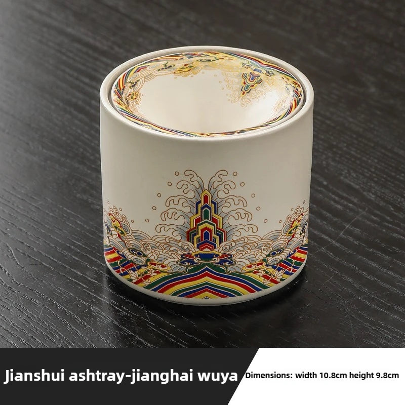 Shanshui Yaju Ru Kiln Ashtray with Lid Anti Fly Ash Office Smoke Cup Household Chinese Funnel Smoke Jar Ceramics Oasis Select D