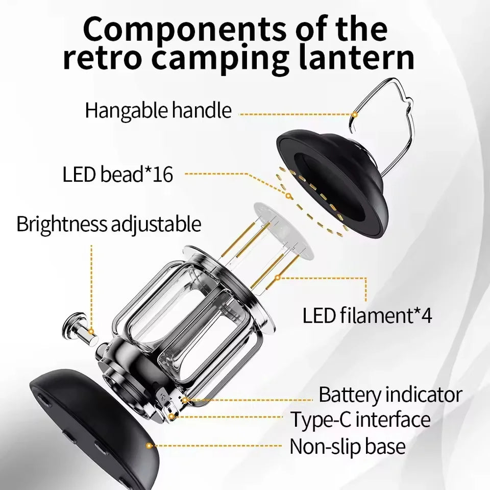 Retro LED Camping Lantern | USB-C Rechargeable, IP55 Waterproof