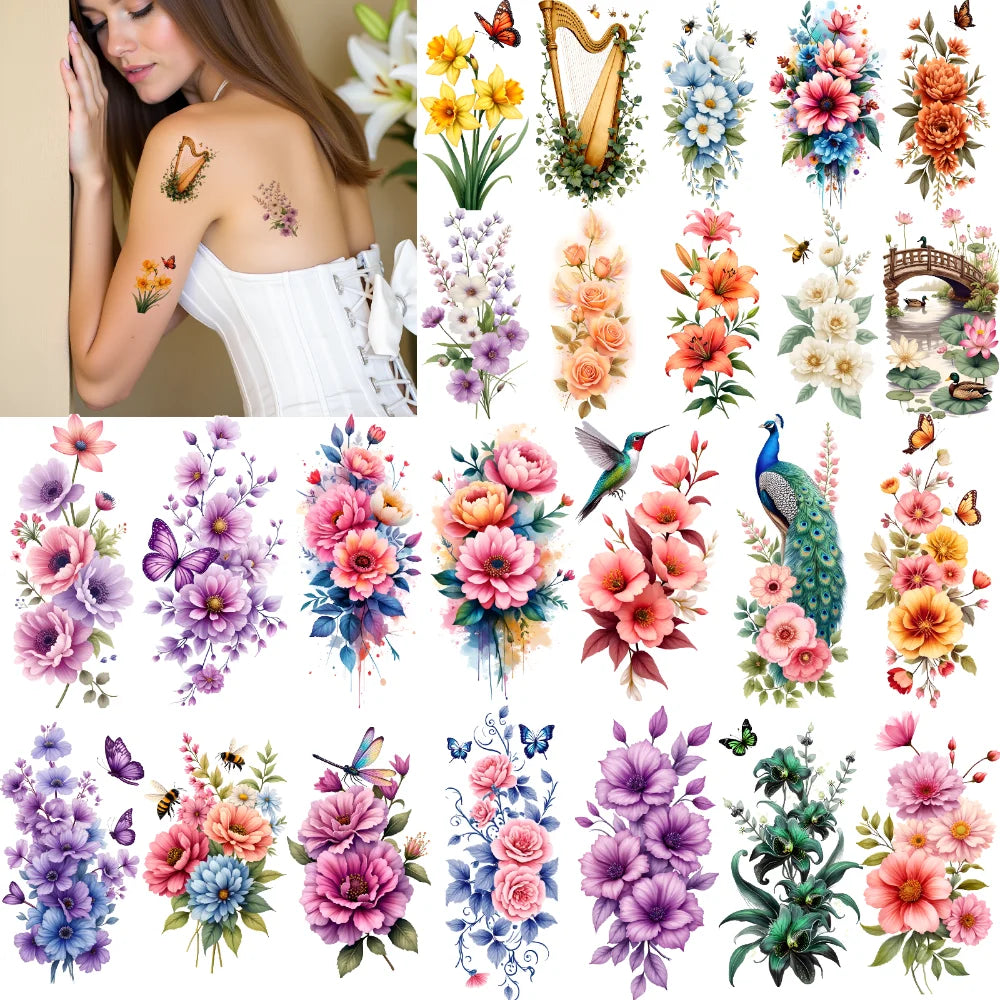 9-Pack Floral Temporary Tattoos – Rose, Lily & Harp Designs