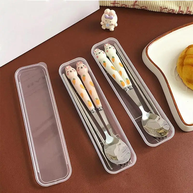 Cute Cutlery Set Cartoon Bunny Stainless Steel Cutlery Kit Mirror Polished Flatware Sets Spoon and Fork Set in Storage Box Oasis Select
