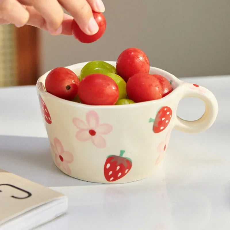 300ML Ceramic Mugs Hand Pinched Irregular Mug Hand-painted Strawberry Flower Coffee Cup Breakfast Milk Afternoon Tea Cup Gift Oasis Select