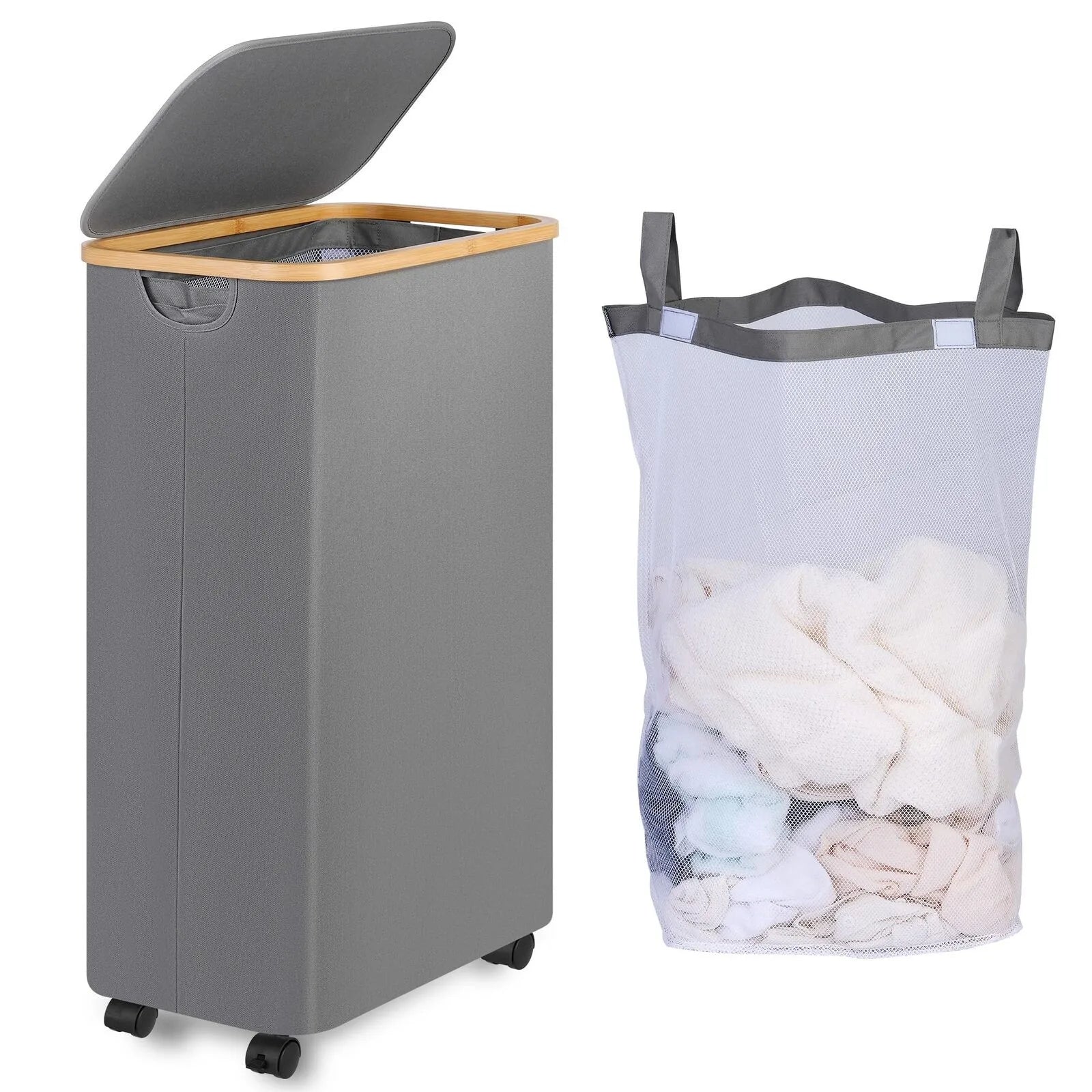 110L Rolling Laundry Basket – Slim Folding Hamper on Wheels Rolling Laundry Hamper Oasis Select Gray One Size