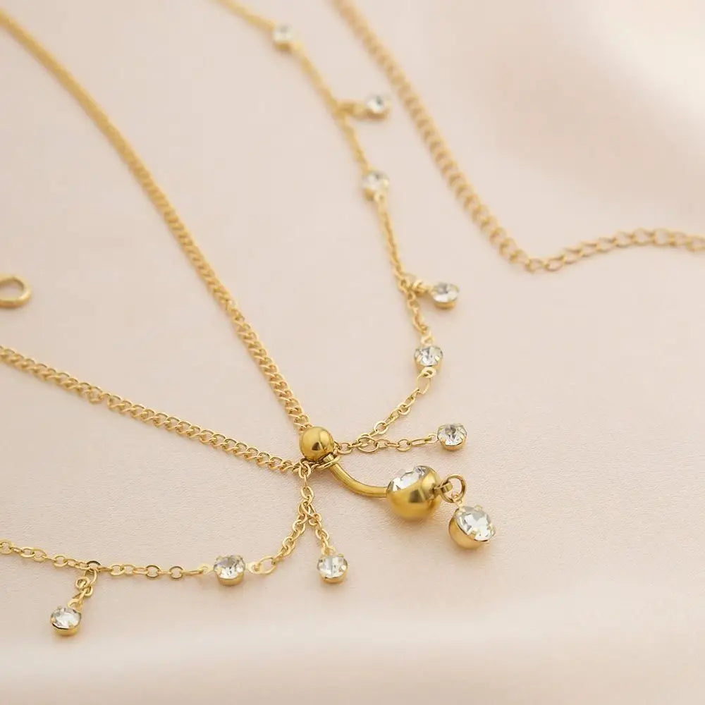 Water Drop Pendant Boho Waist Chain Double Layer Sparkling Zircon Belly Waist Chain Gold Silver Color Tassel Oasis Select